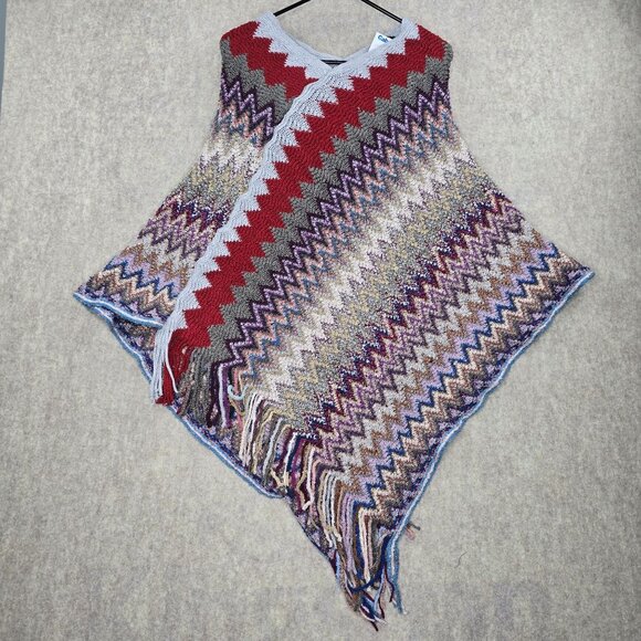Permanent Womens Colorful Chevron Knit Poncho With Fringe Hem One Size Acrylic - Picture 1 of 4